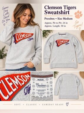 Clemson Tigers Pressbox Chenille Pennant Sweatshirt Gray Size Medium